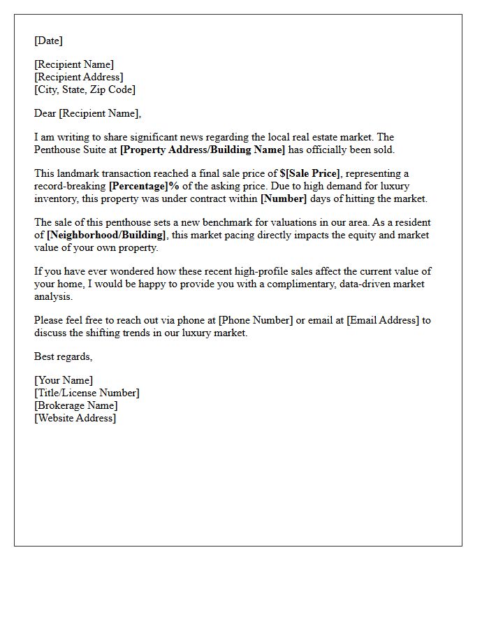 Market Pacing Penthouse Suite Sold Letter