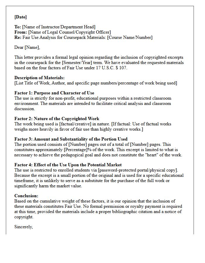 Educational Coursepack Material Fair Use Opinion Letter