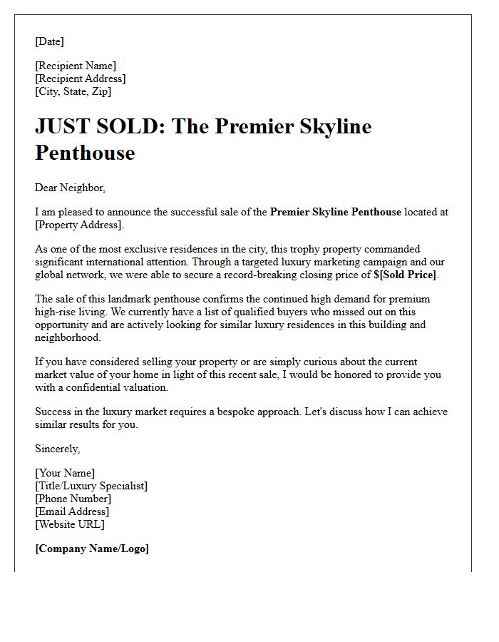 Premier Skyline Penthouse Just Sold Letter