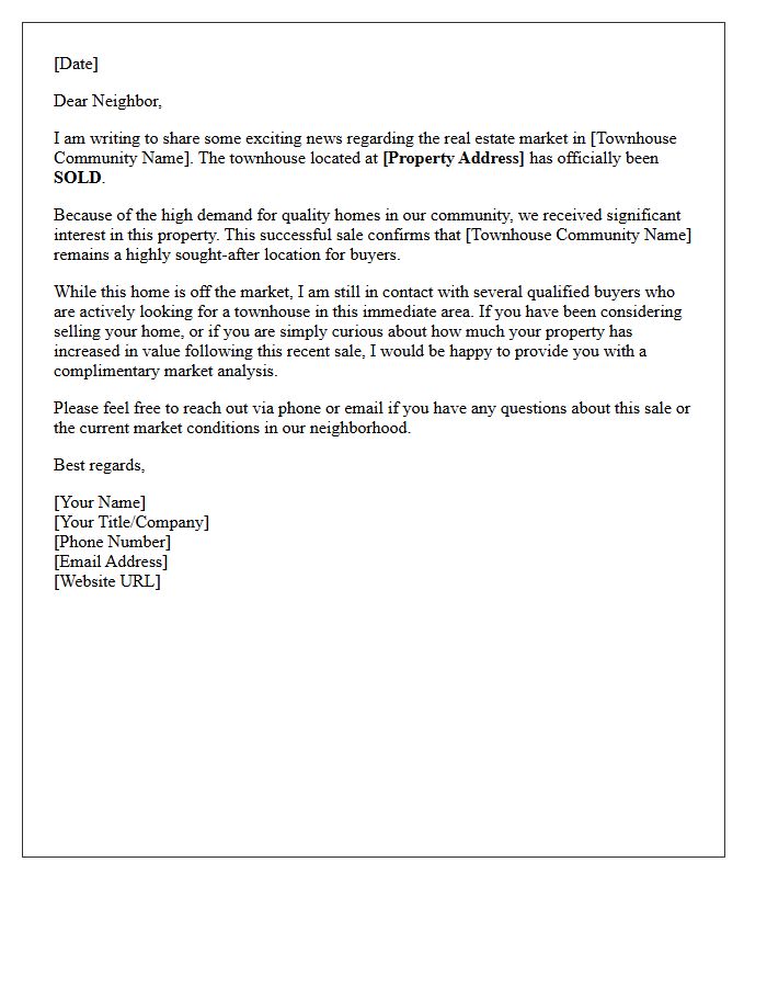 Standard Just Sold Townhouse Community Letter