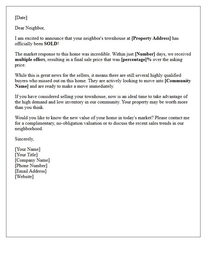 Multiple Offers Received Townhouse Community Sold Letter