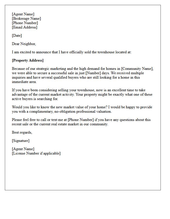 Quick Sale Success Townhouse Community Sold Letter