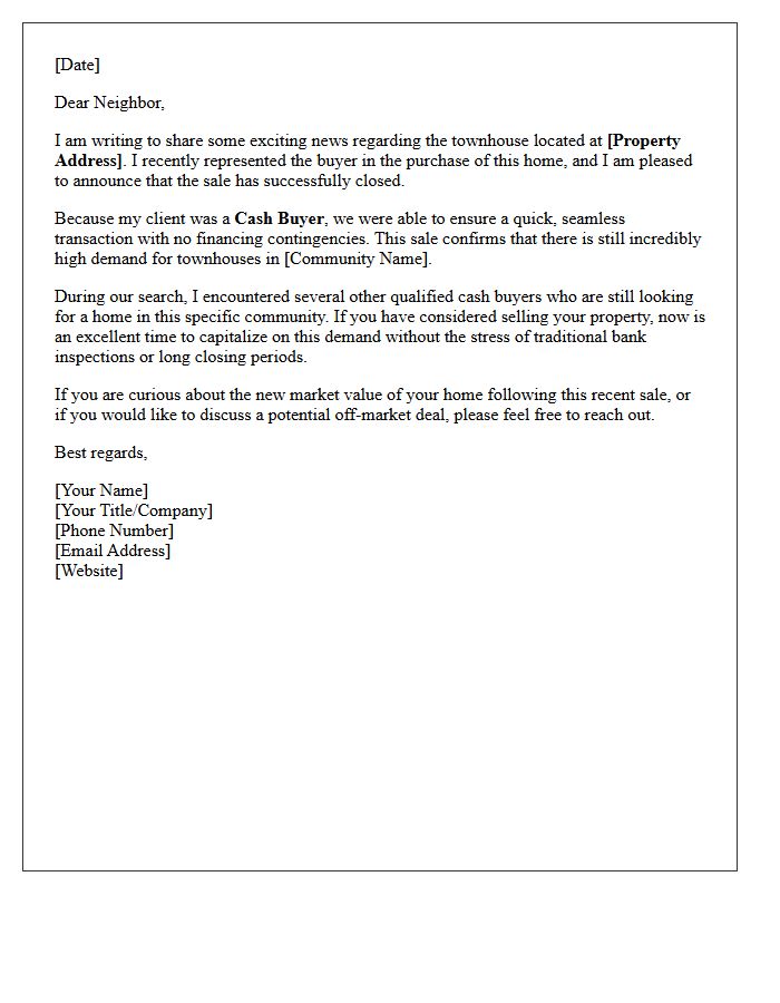 Cash Buyer Secured Townhouse Community Sold Letter