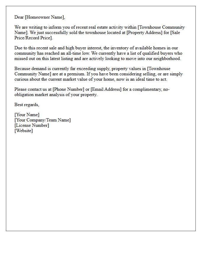 Low Inventory Warning Townhouse Community Sold Letter
