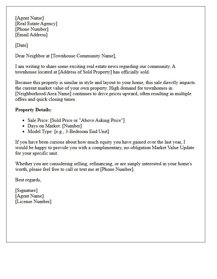 Market Value Update Townhouse Community Sold Letter