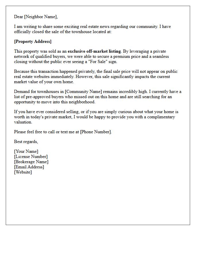 Exclusive Off Market Townhouse Community Sold Letter