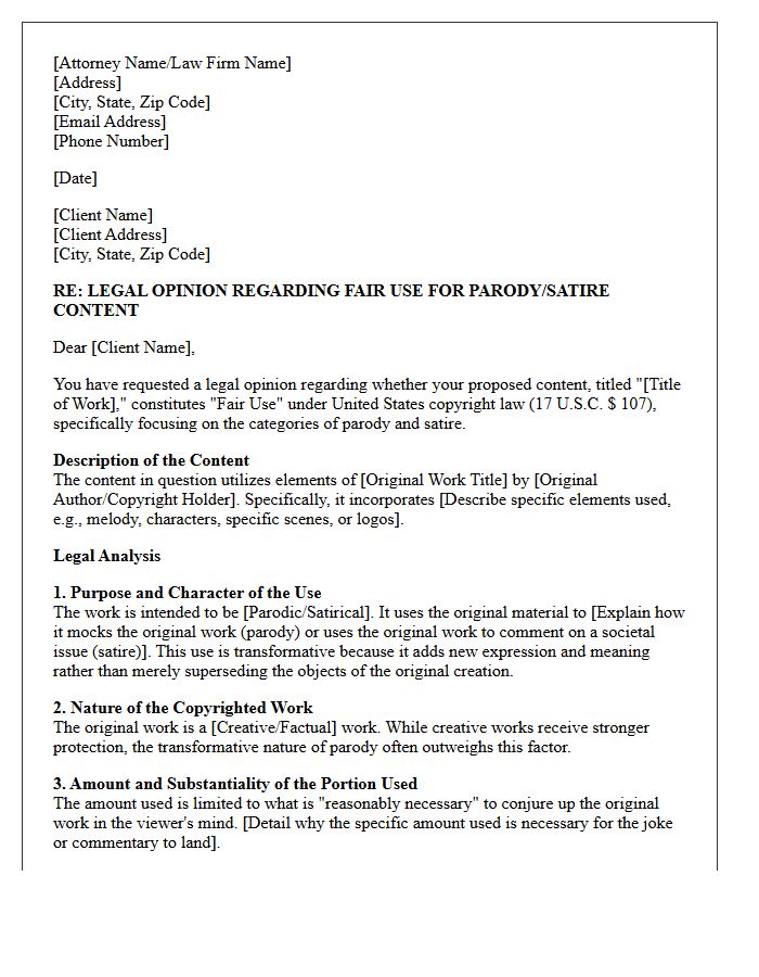 Parody and Satire Content Fair Use Opinion Letter