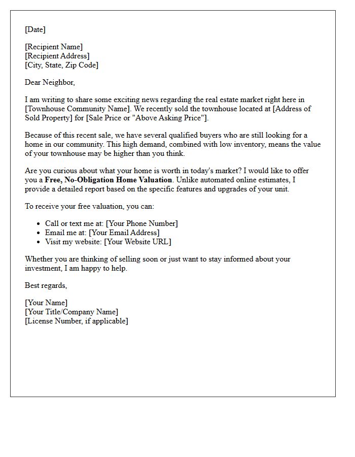 Free Home Valuation Townhouse Community Sold Letter