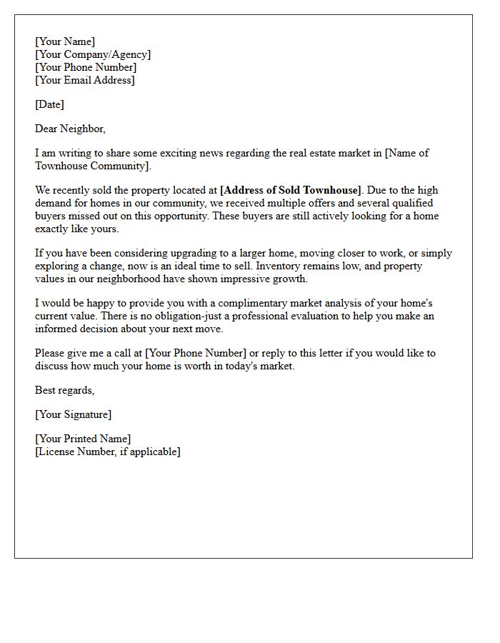 Upgrading Opportunity Townhouse Community Sold Letter