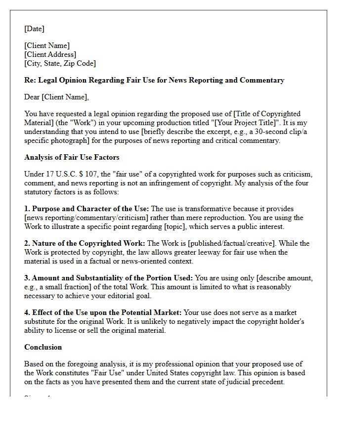 News Reporting and Commentary Fair Use Opinion Letter
