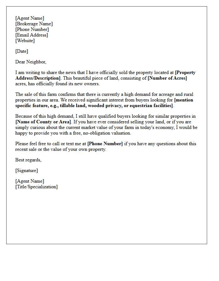 Just Sold Farm and Acreage Announcement Letter