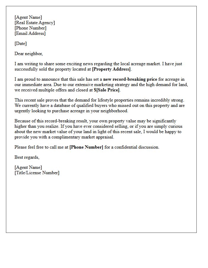 Record Breaking Price Just Sold Acreage Letter