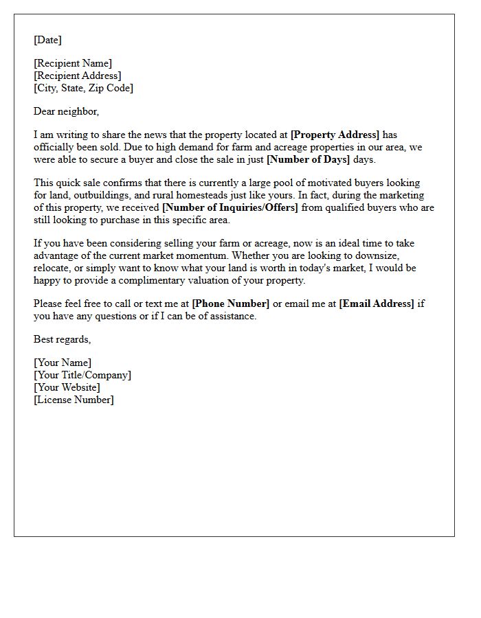 Quick Sale Farm and Acreage Just Sold Letter