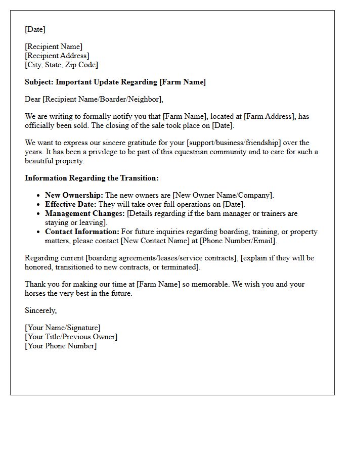Equestrian Farm Just Sold Notification Letter
