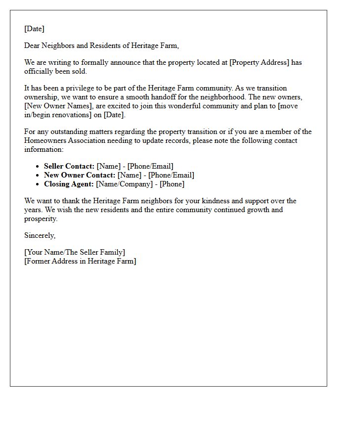 Heritage Farm Just Sold Transition Letter