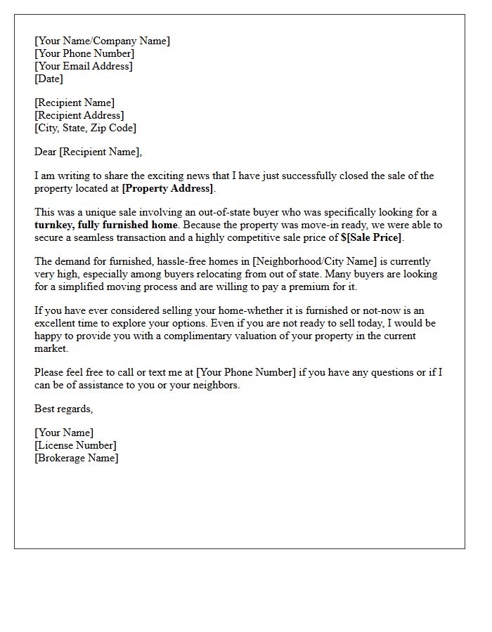 Out Of State Buyer Just Sold Turnkey Furnished Home Letter