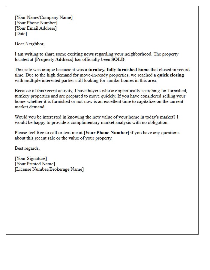 Quick Closing Just Sold Turnkey Furnished Home Letter