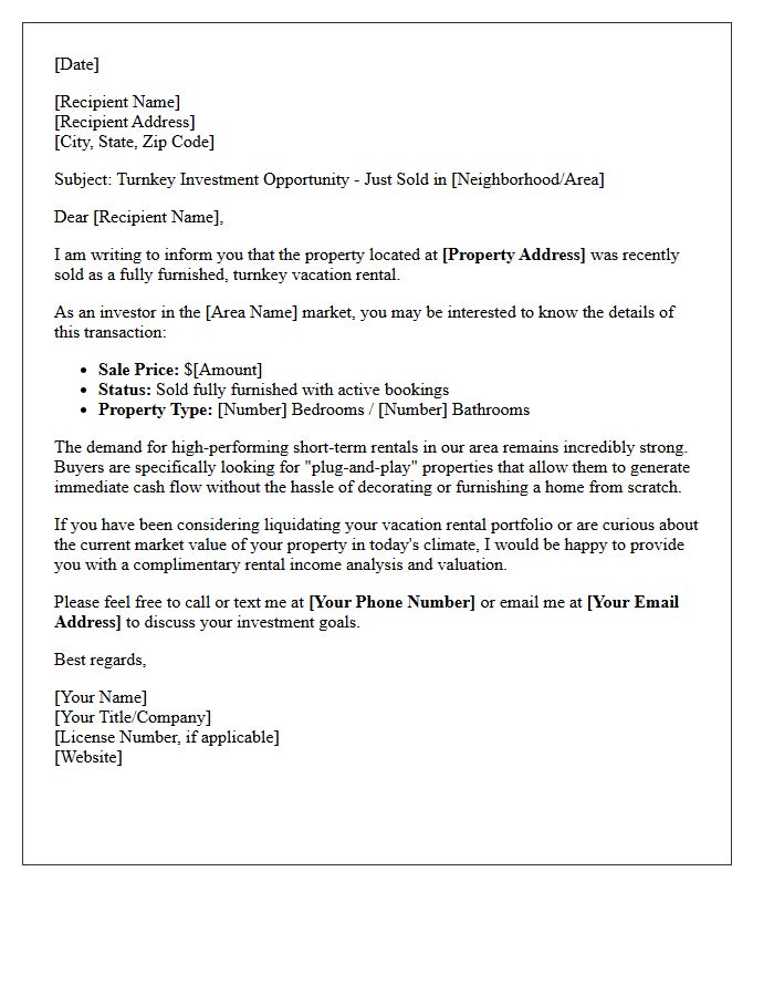 Vacation Rental Investor Just Sold Turnkey Furnished Home Letter