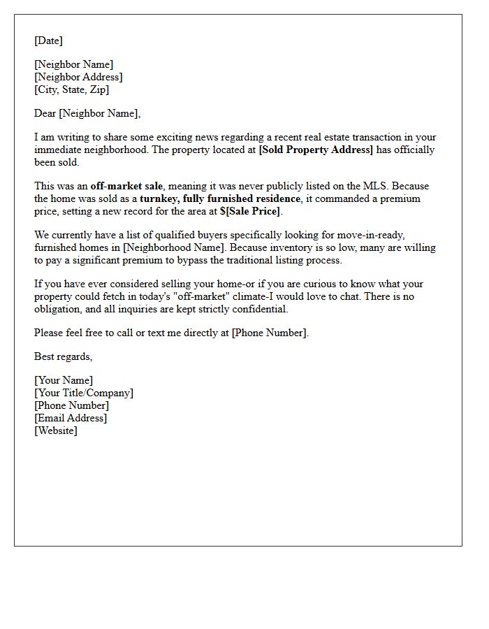 Off Market Record Just Sold Turnkey Furnished Home Letter
