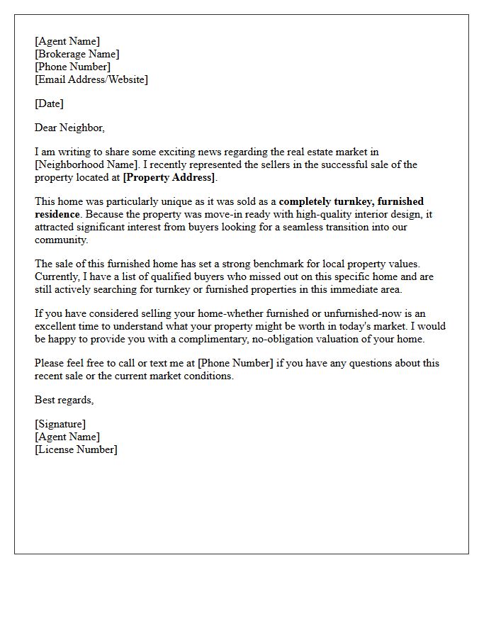 Community Prospecting Just Sold Turnkey Furnished Home Letter