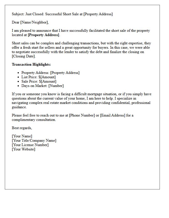 Successful Short Sale Transaction Announcement Letter
