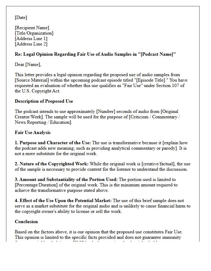 Podcast Audio Sampling Fair Use Opinion Letter