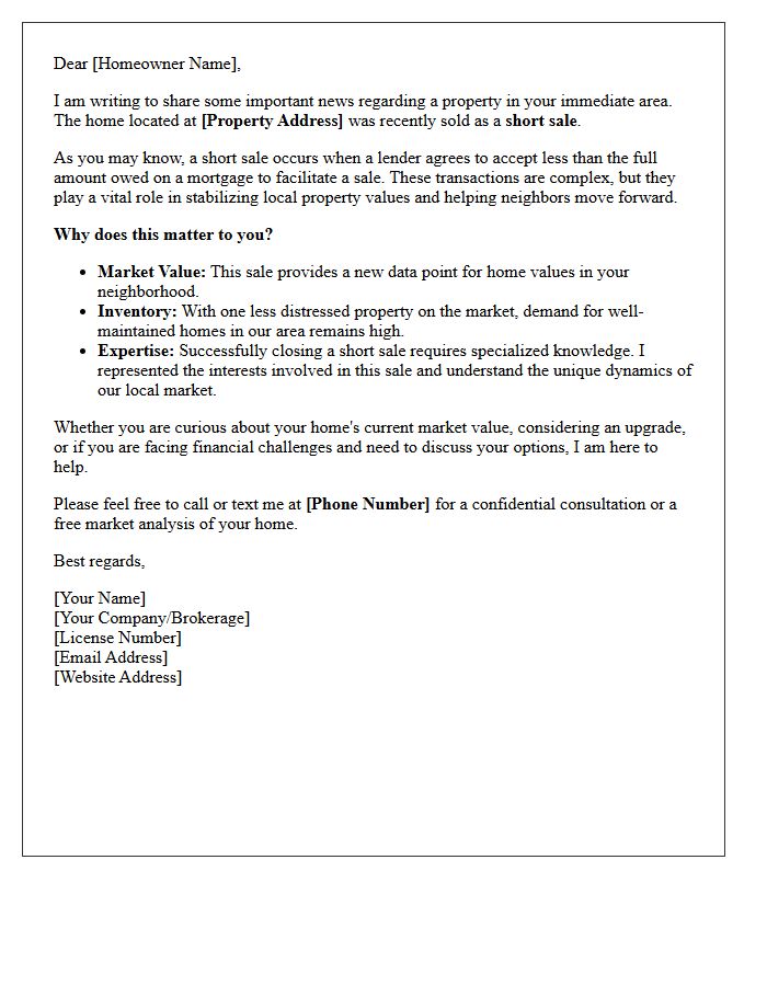 Local Market Just Sold Short Sale Letter