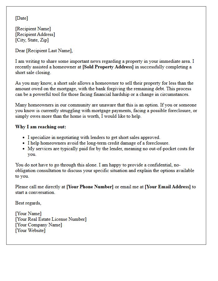 Just Sold Short Sale Lead Generation Letter