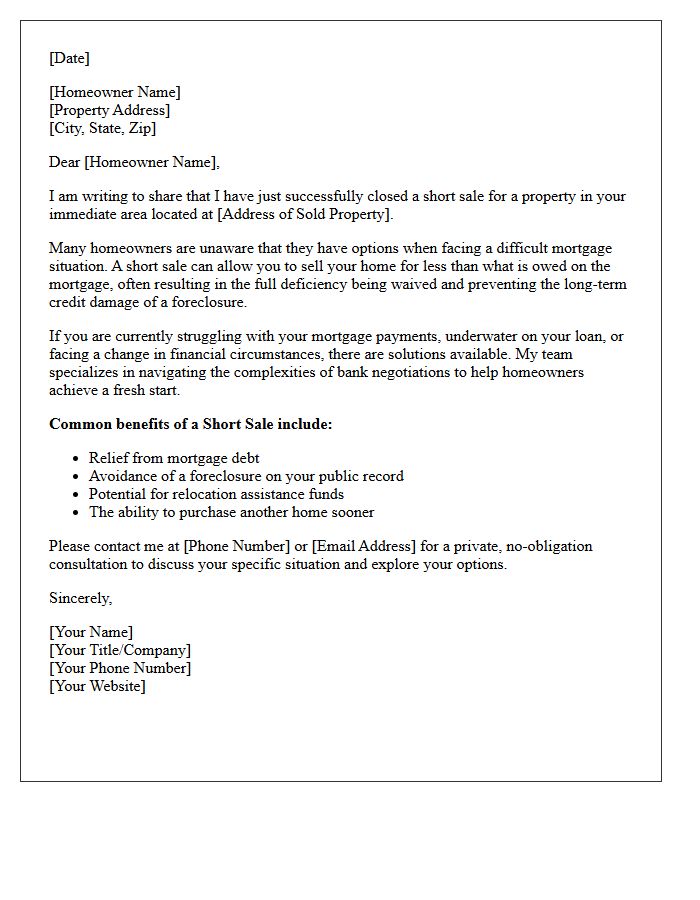 Homeowner Options Just Sold Short Sale Letter