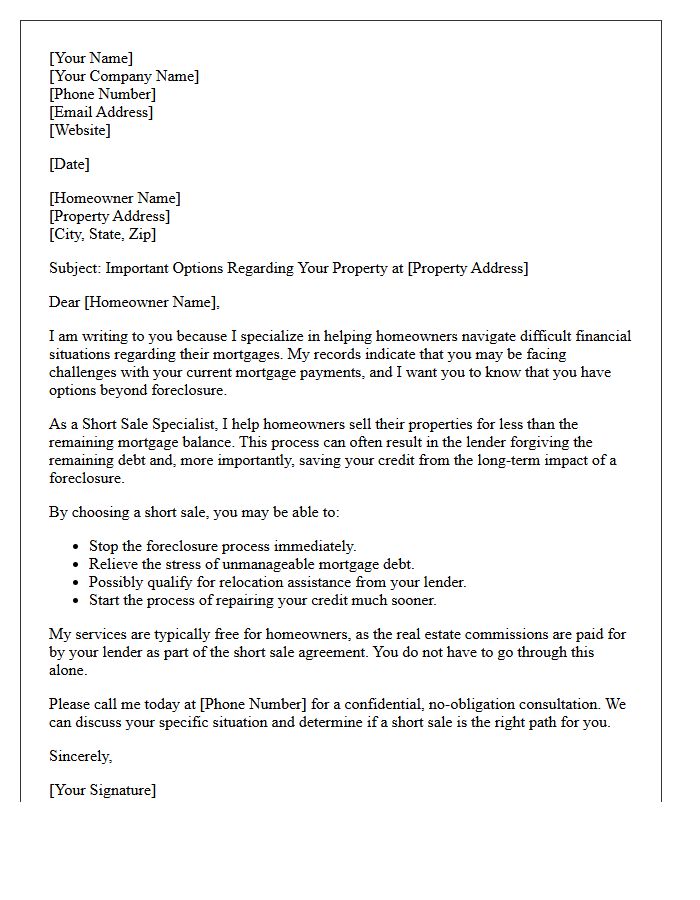 Real Estate Short Sale Specialist Letter