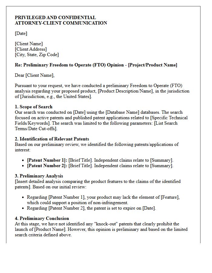Preliminary Freedom to Operate Opinion Letter