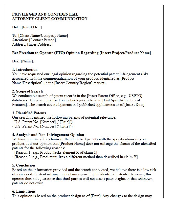 Product Clearance Freedom to Operate Opinion Letter