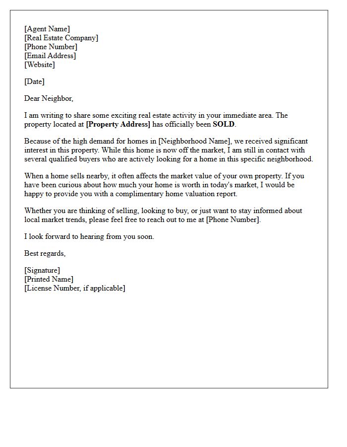 Just Sold On Your Street Market Activity Letter