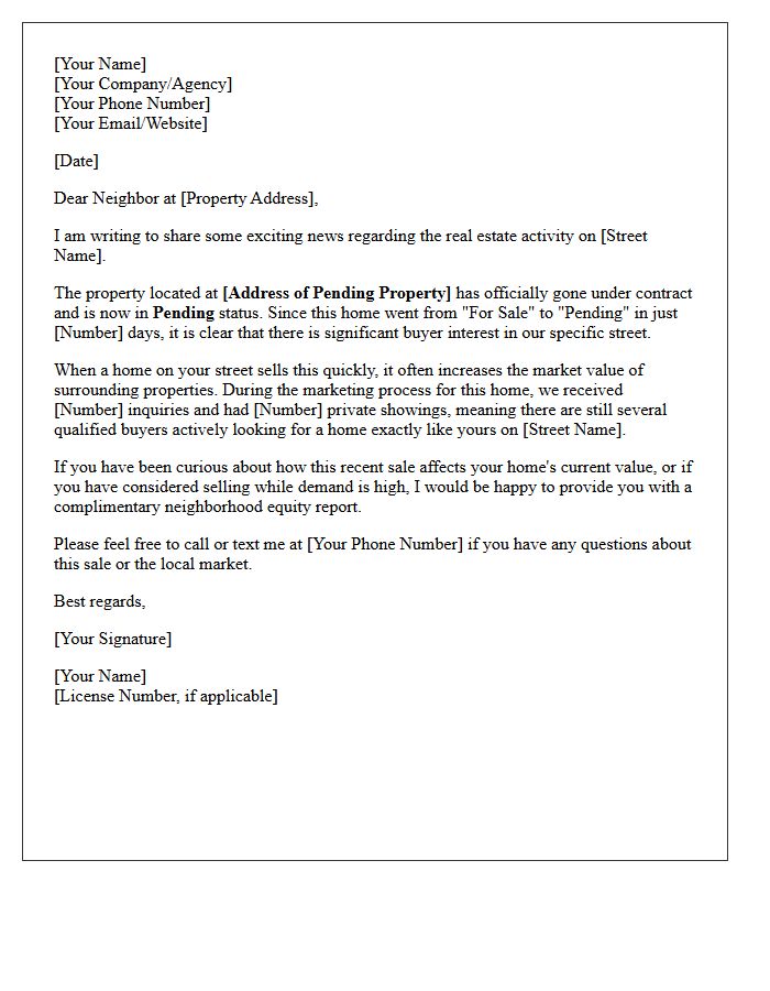 Recent Pending Sale Street-Specific Update Letter