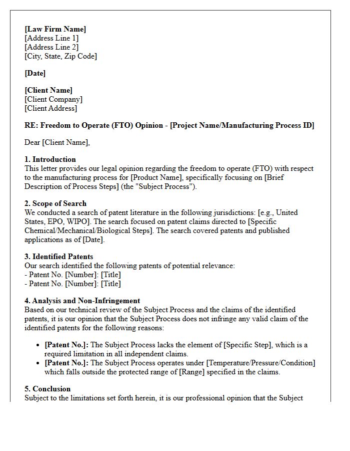 Manufacturing Process Freedom to Operate Opinion Letter