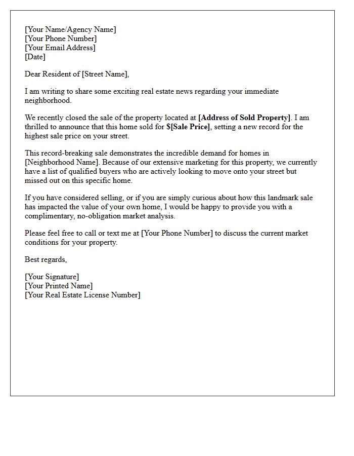 Record Breaking Sale On Your Street Letter