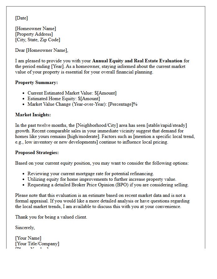 Homeowner Annual Equity and Real Estate Evaluation Letter
