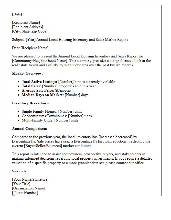 Annual Local Housing Inventory and Sales Letter