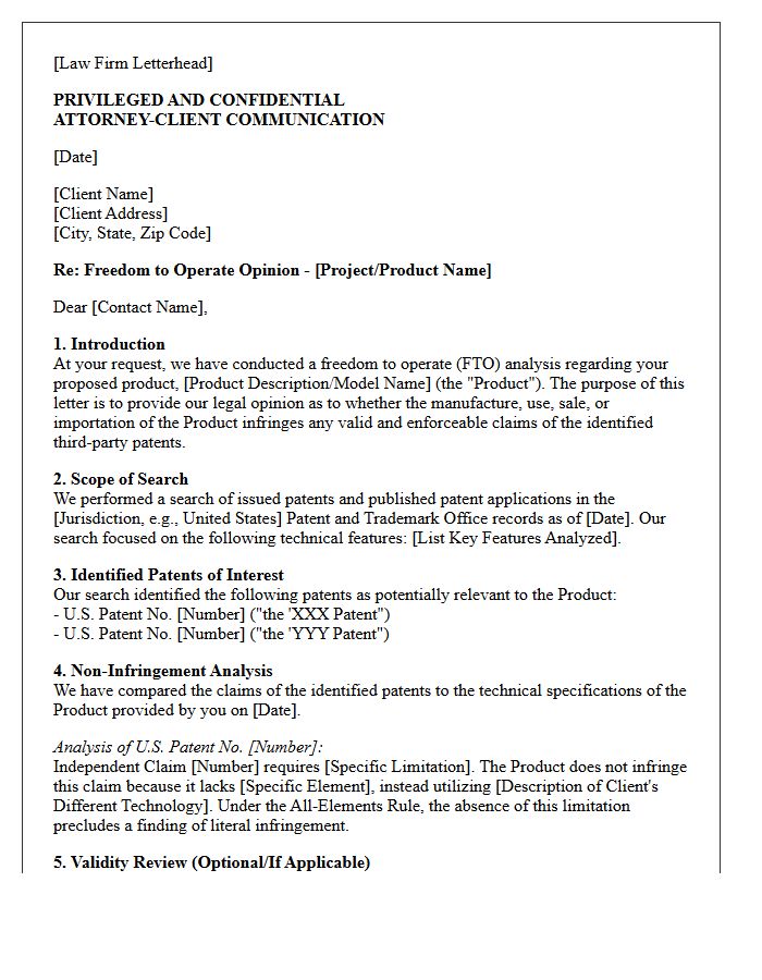 Non-Infringement Freedom to Operate Opinion Letter