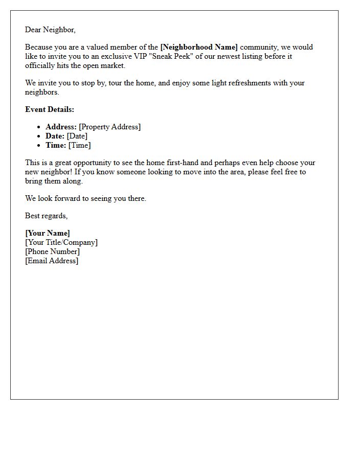 VIP Neighbor Open House Sneak Peek Invitation Letter
