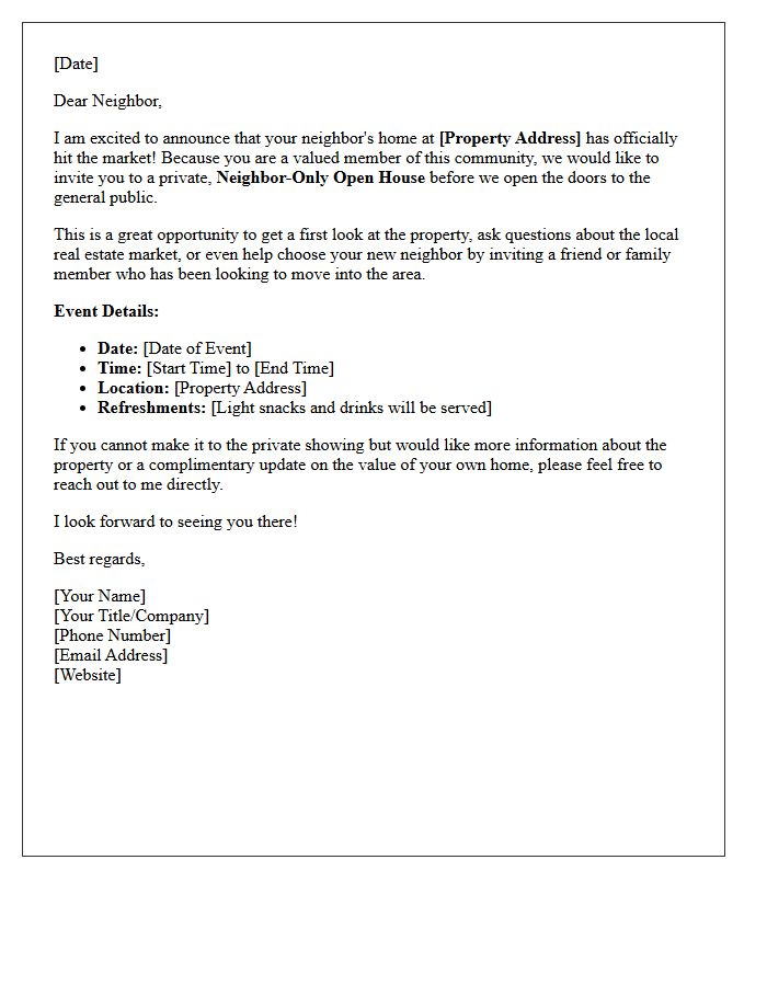 Just Listed Neighbor-Only Open House Announcement Letter