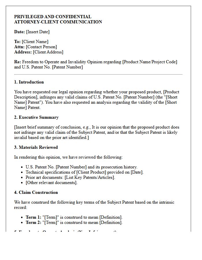 Patent Invalidity Freedom to Operate Opinion Letter