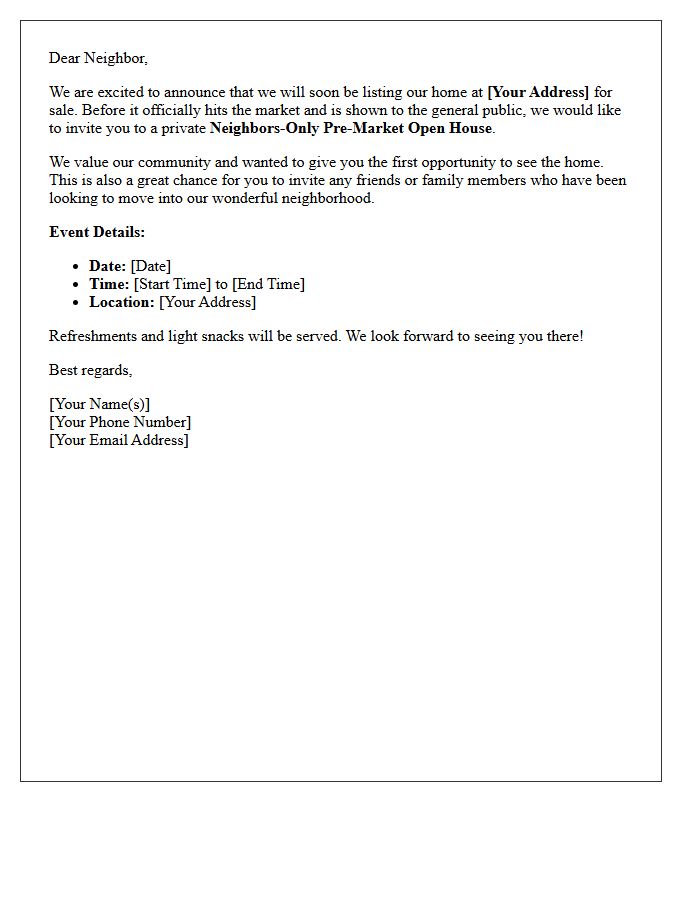 Neighbors Only Pre-Market Open House Invitation Letter
