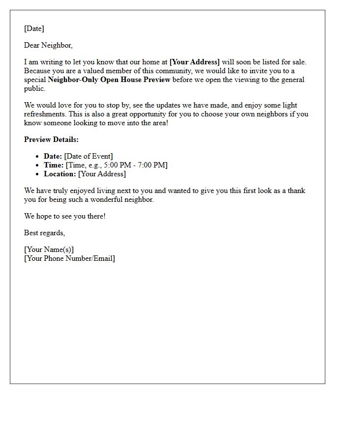 Special Neighbor Open House Preview Invitation Letter