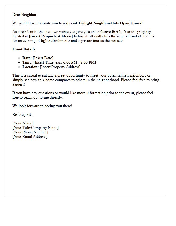 Twilight Neighbor-Only Open House Invitation Letter