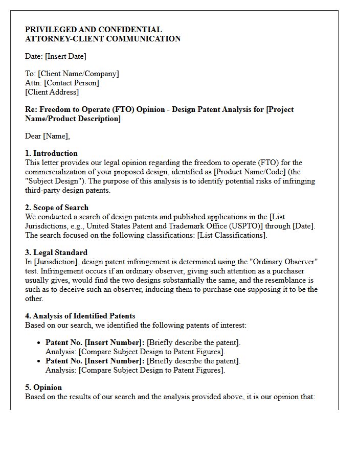 Design Patent Freedom to Operate Opinion Letter