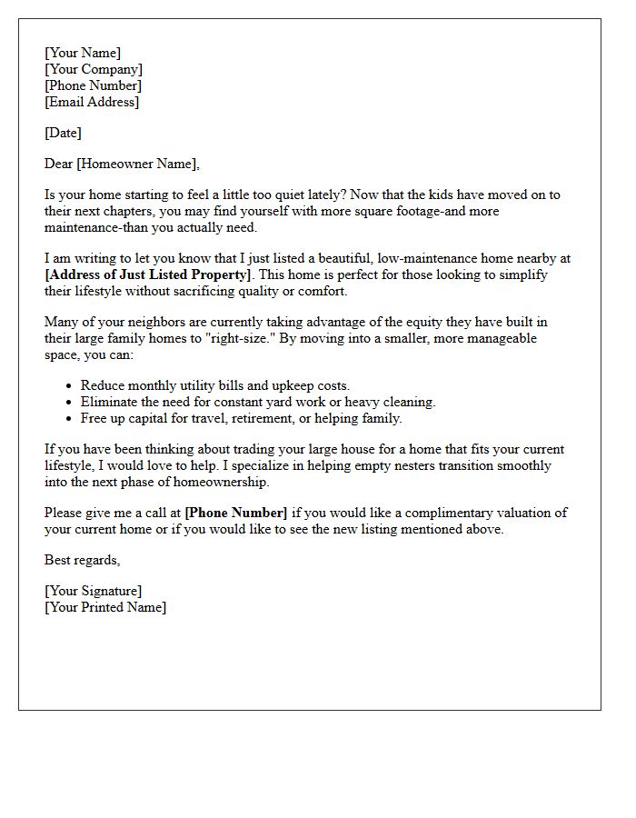Empty Nester Downsizing Just Listed Letter