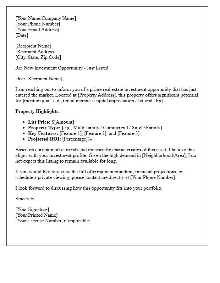 Investment Opportunity Just Listed Letter