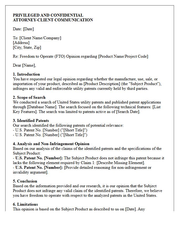 Utility Patent Freedom to Operate Opinion Letter