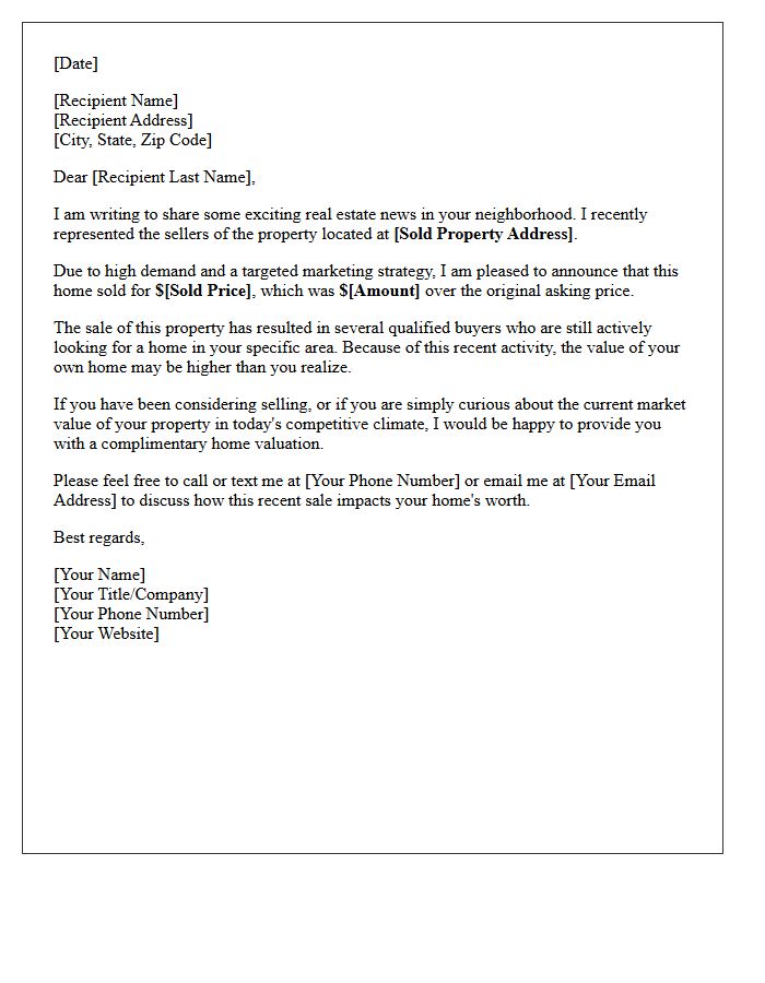 Recent Property Sold Above Asking Price Letter